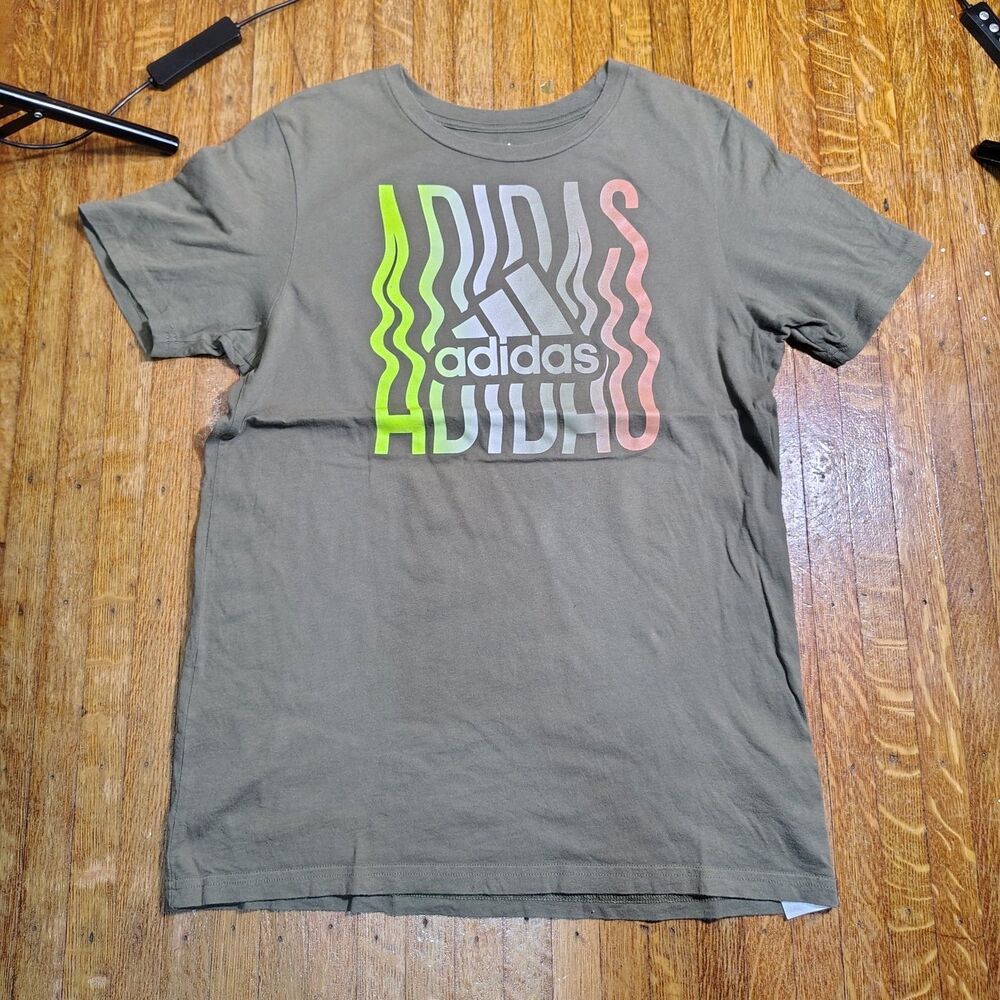 Adidas Olive Green Tee Multicolor Spellout Graphic Boys Sz L/T645
